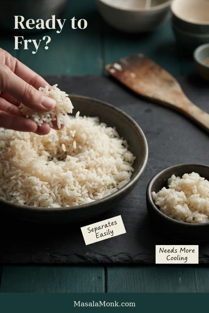 Comparison showing cooled rice separating easily into intact grains beside a smaller example of softer, clumped rice that still needs more cooling.