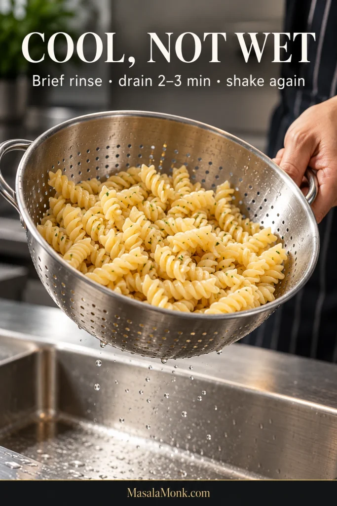 Cooked rotini draining in a stainless steel colander over a sink with a few remaining water droplets. Text reads “Cool, Not Wet” and “Brief rinse · drain 2–3 min · shake again.”