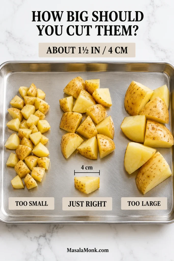 Raw Yukon Gold potato chunks arranged as too small, about 4 cm, and too large, with a 4-centimeter measurement guide.