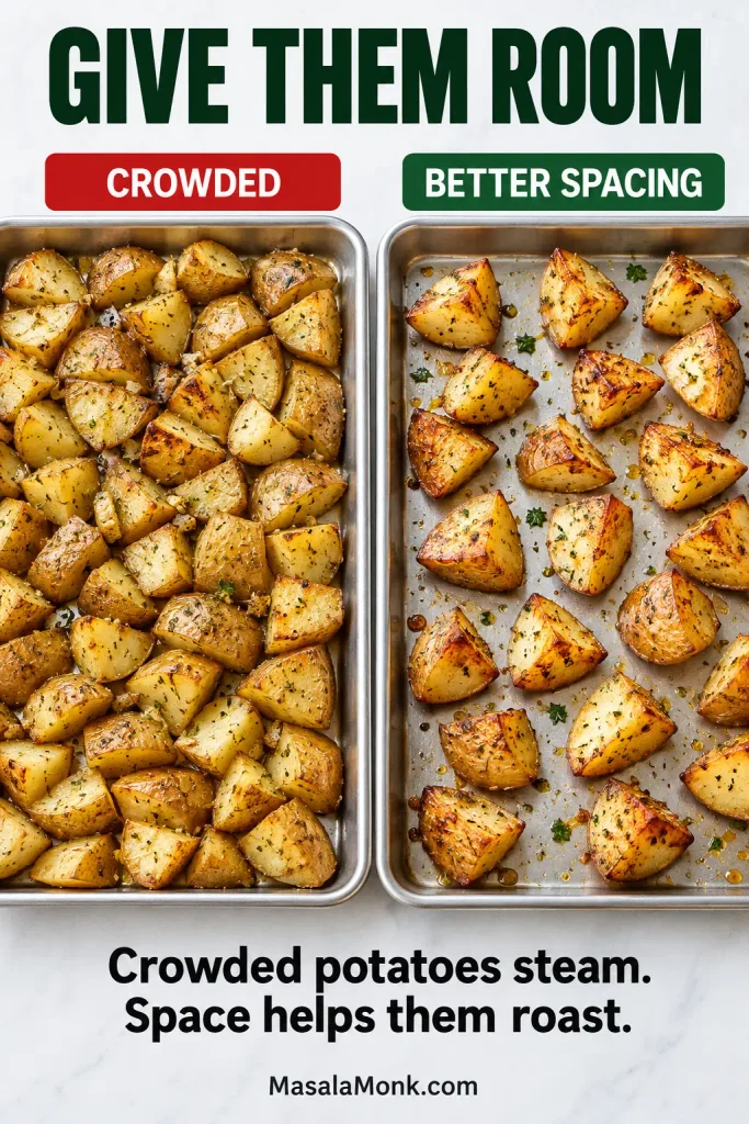 Overhead comparison of a crowded sheet pan of potato chunks and a properly spaced tray with visible gaps between most pieces.