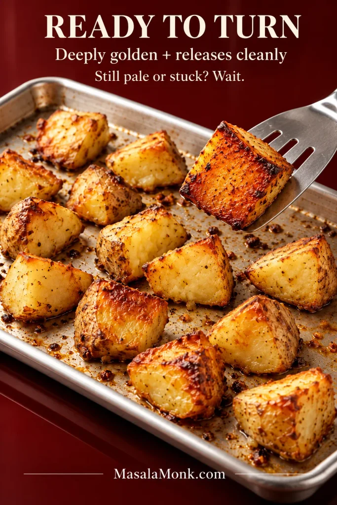 Metal turner lifting a roasted Yukon Gold potato chunk to reveal a deeply golden underside, with other potato chunks remaining on the sheet pan.
