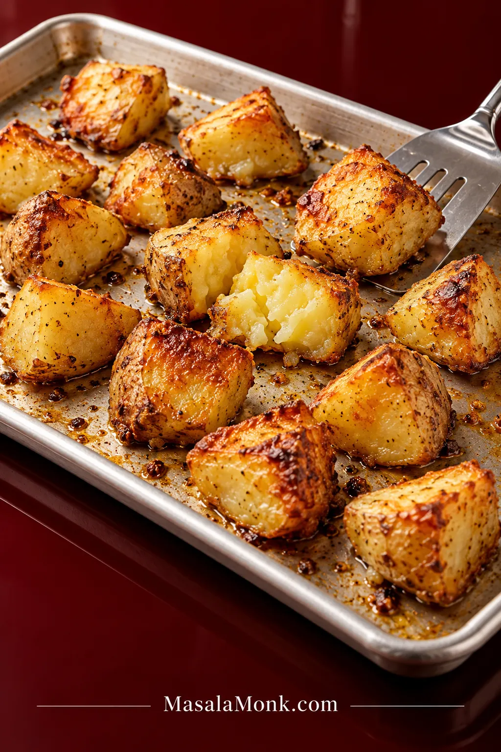 Golden roasted Yukon Gold potato chunks on a metal sheet pan with browned flat sides, crisp edges, and one opened to show its creamy yellow center.