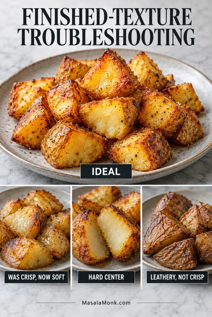 Four roasted potato examples comparing an ideal result with softened crust, a dense hard center, and a dry leathery exterior.