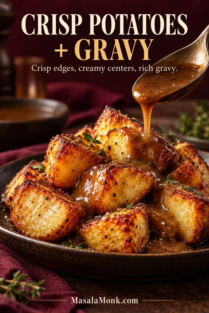 Golden roasted potato chunks as brown gravy is spooned over their rough crisp edges, with several browned surfaces still exposed.