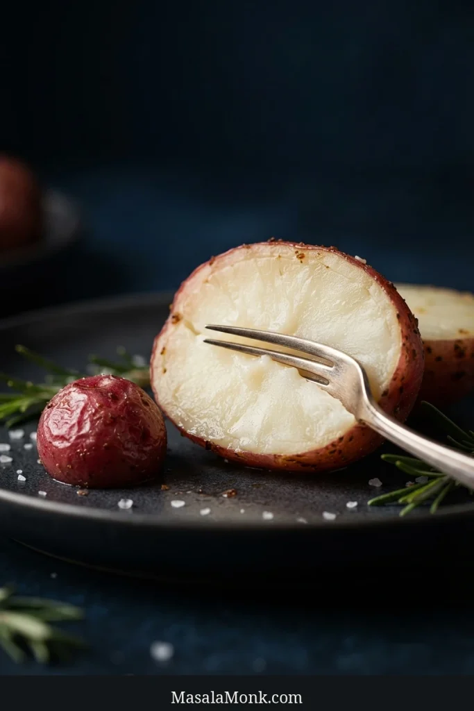 A fork tests the creamy white center of a roasted red potato beside a small whole potato with lightly wrinkled red skin.