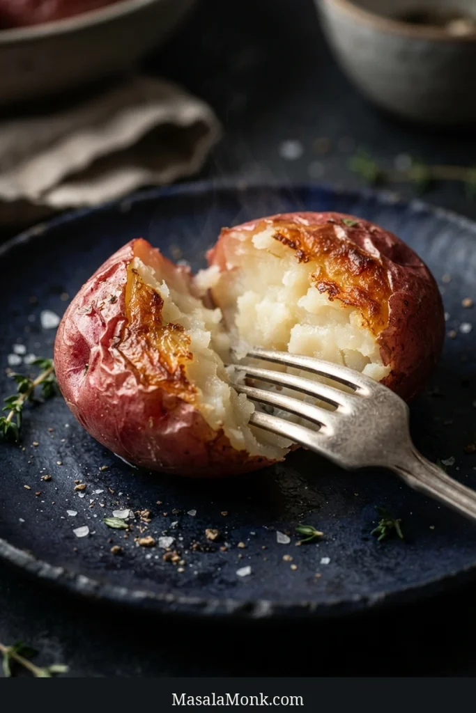A fork opens a roasted red potato, revealing creamy white flesh beneath thin red skin and a golden-brown cut face.