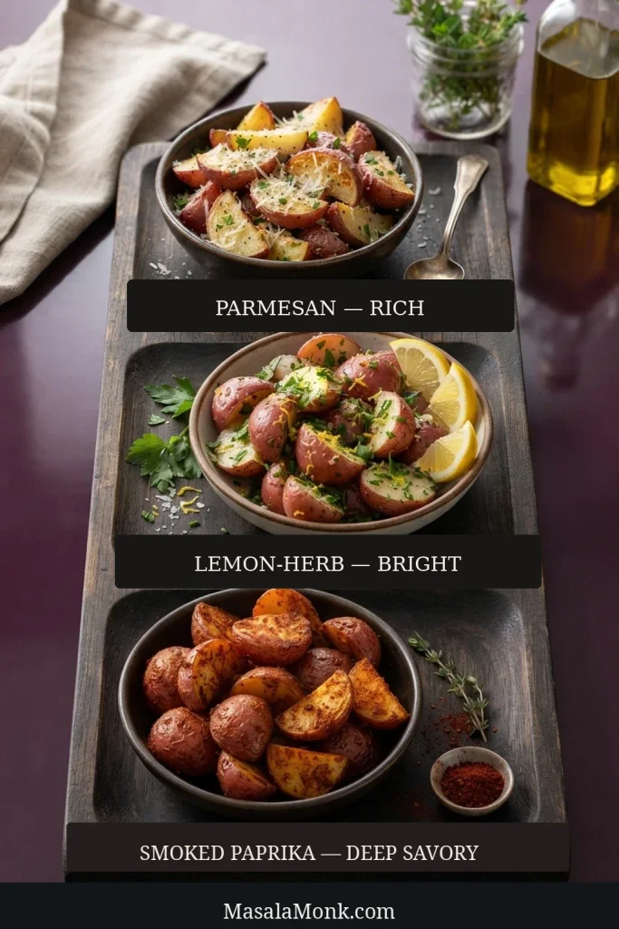 Three versions of roasted red potatoes are labelled “Parmesan — Rich,” “Lemon-Herb — Bright” and “Smoked Paprika — Deep Savory.”