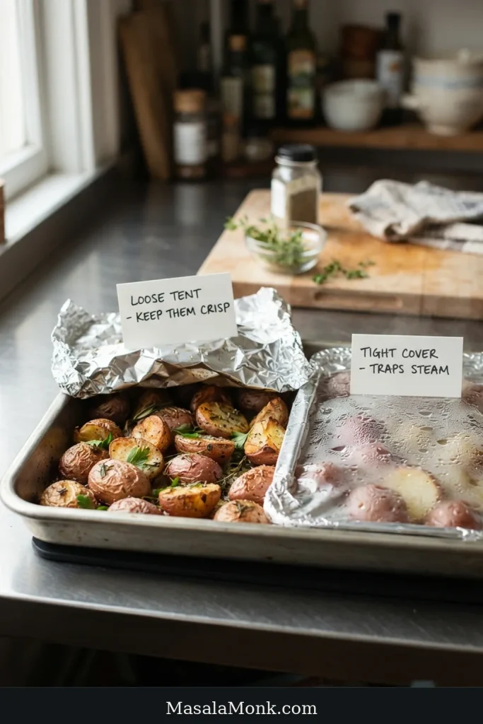 Roasted red potatoes are shown under a loose foil tent and tightly covered foil, with condensation beneath the tight cover.