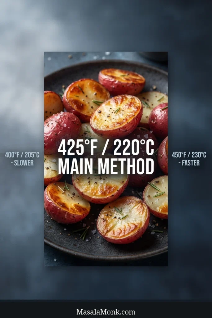 Roasted red potatoes beside a guide showing 425°F / 220°C as the main method, 400°F slower and 450°F faster.