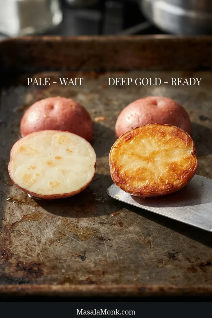 Two roasted red potato halves show a pale underside and a golden-brown underside, labelled “Pale — Wait” and “Deep Gold — Ready to Turn.”