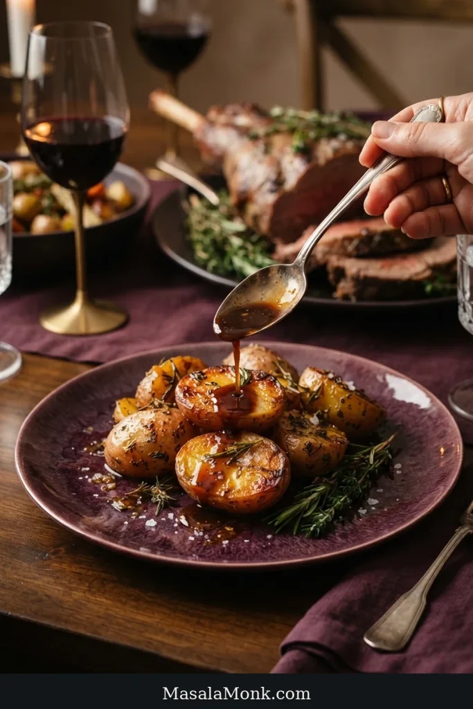 A spoon pours glossy pan sauce over golden roasted red potatoes on a dark plate, with roasted meat and greens behind them.