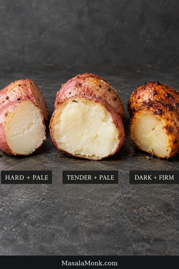 Three cut red potato pieces are labelled “Hard + Pale,” “Tender + Pale” and “Dark + Firm,” showing different exterior and interior states.