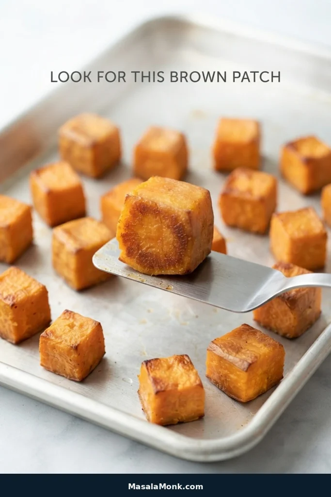 One roasted sweet potato cube lifted with a metal turner to reveal a broad golden-brown contact patch underneath.