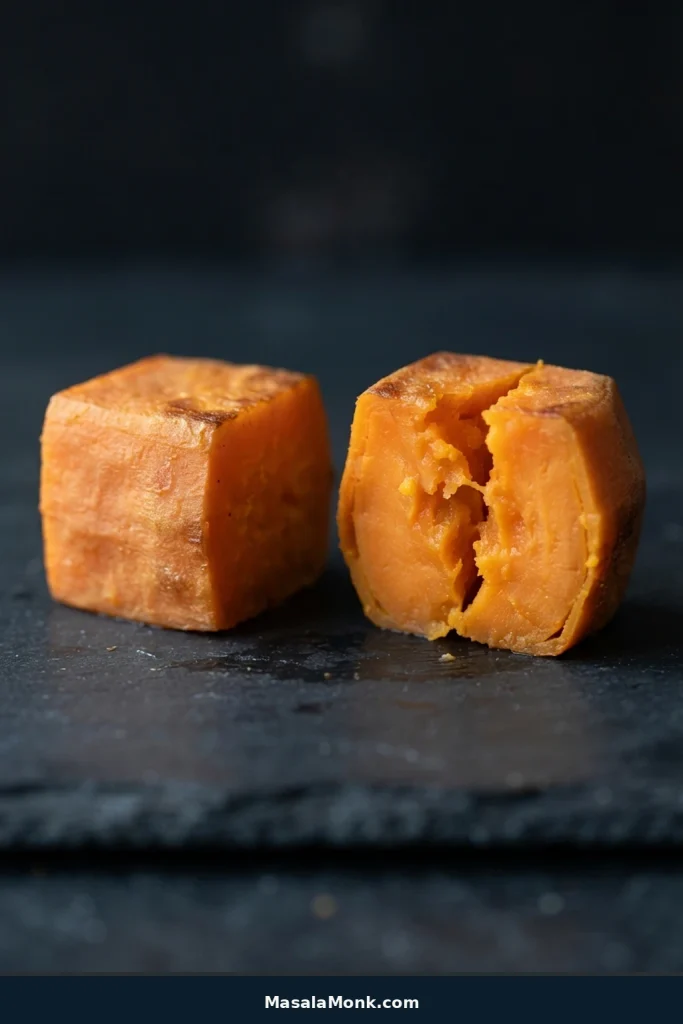 Close-up of a roasted sweet potato cube opened to reveal a smooth orange center beneath a thin browned exterior.