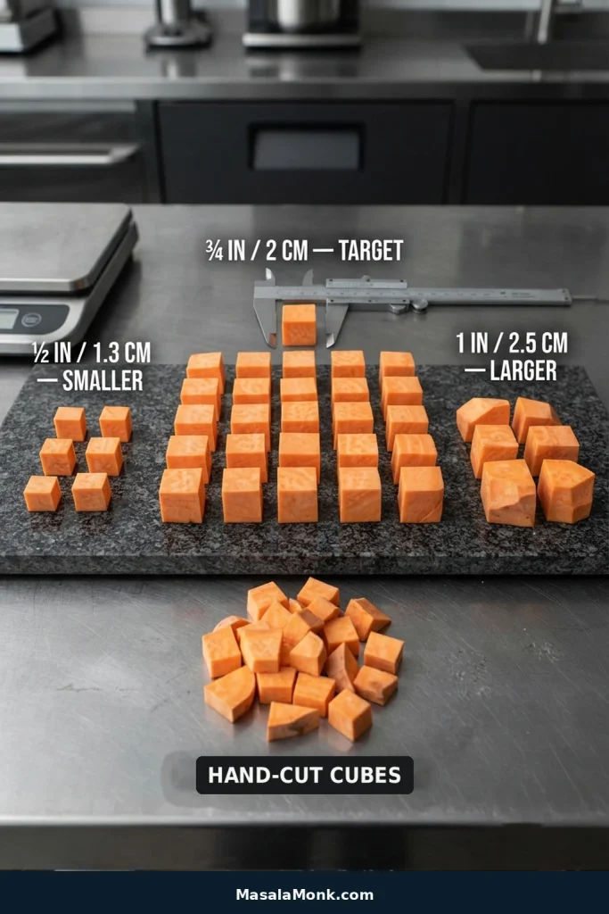 Raw sweet potato pieces in half-inch, three-quarter-inch, and one-inch sizes, with three-quarter-inch cubes marked as the target.