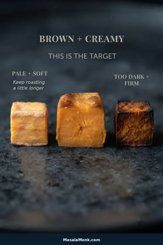 Three roasted sweet potato stages showing pale soft cubes, browned creamy cubes, and darker cubes with firmer centers.
