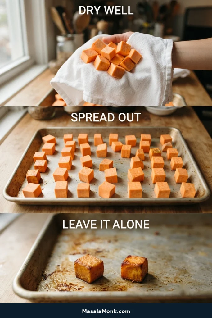 Sweet potato cubes being dried, spaced apart on a sheet pan, and left undisturbed to brown on the first side.