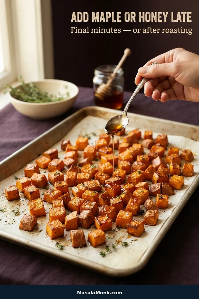 A thin stream of maple syrup or honey being added to nearly finished roasted sweet potato cubes on a baking sheet.