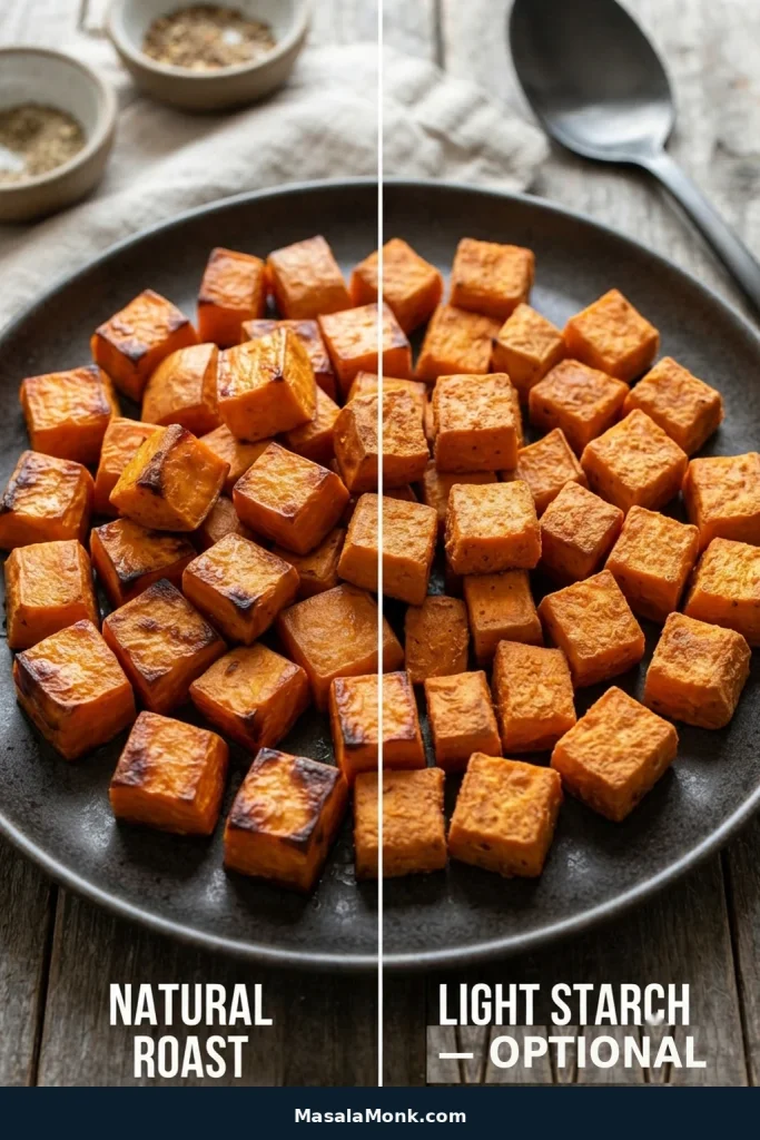 Naturally roasted sweet potato cubes beside cubes with a slightly drier, rougher exterior from a light starch coating.