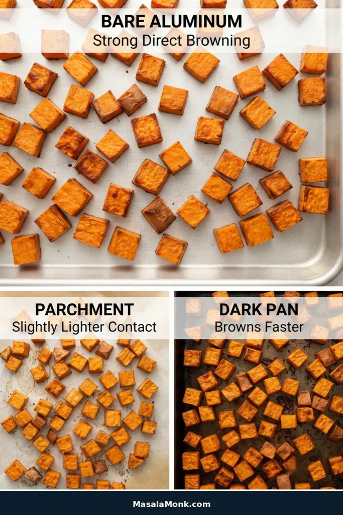 Roasted sweet potato cubes compared on bare aluminum, parchment paper, and a dark baking pan.