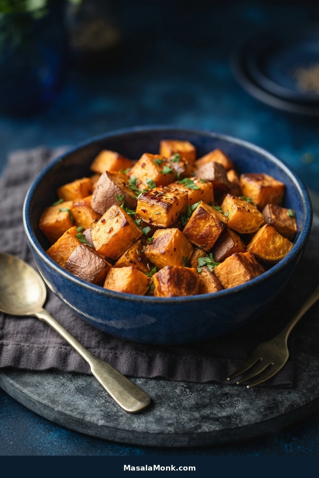 Roasted orange sweet potato cubes in a dark blue bowl with golden-brown contact faces and lightly seasoned surfaces.