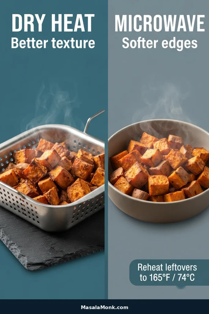 Roasted sweet potatoes reheated with dry heat in a metal basket compared with softer microwave-reheated cubes in a bowl.
