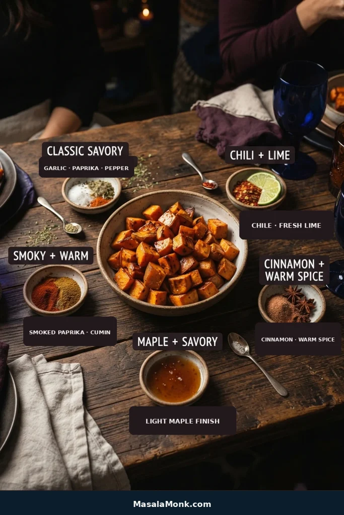 Roasted sweet potatoes surrounded by five labeled seasoning variations ranging from savory and smoky to chili-lime, warm spice, and maple.