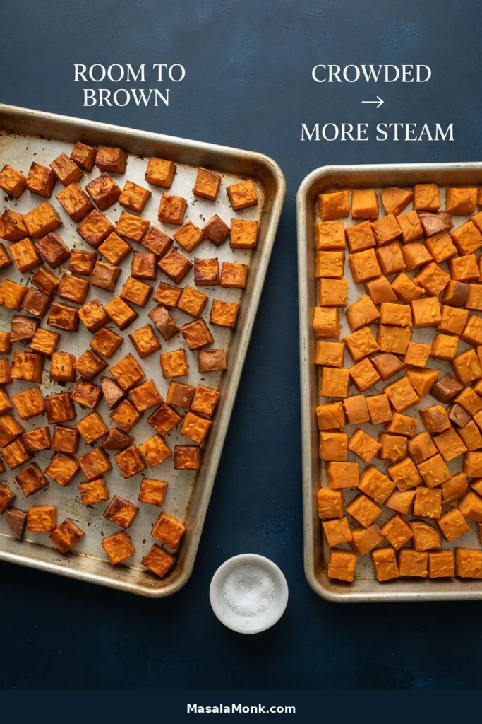 Sweet potato cubes spaced apart on a baking sheet compared with cubes packed closely together in a crowded layer.