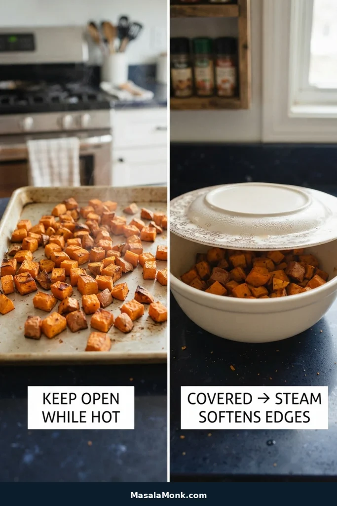 Fresh roasted sweet potatoes left uncovered on a tray beside covered potatoes with condensation collecting inside the bowl.
