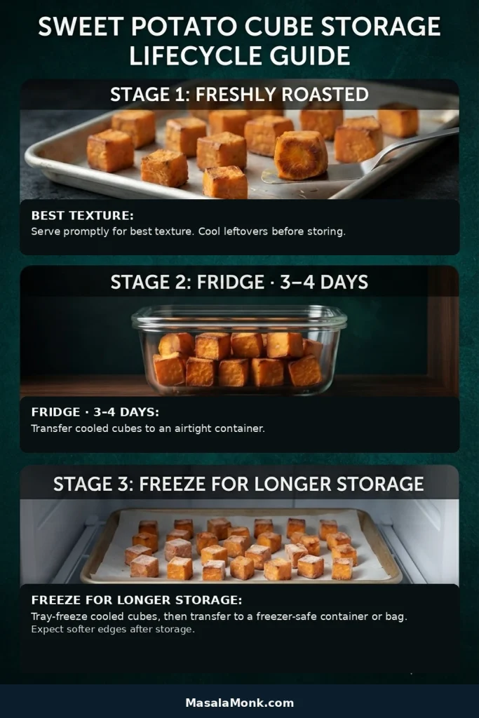 Roasted sweet potatoes shown fresh, refrigerated in a clear container, and arranged on a tray for freezing.