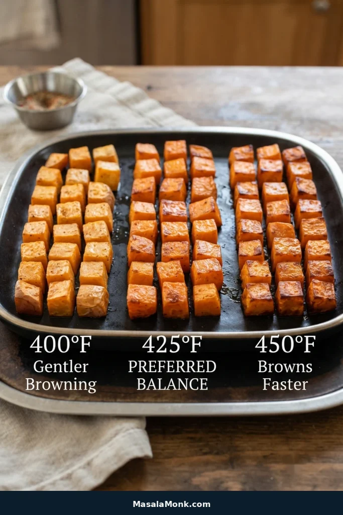 Roasted sweet potato cubes compared at 400°F, 425°F, and 450°F, with 425°F highlighted as the preferred balance.