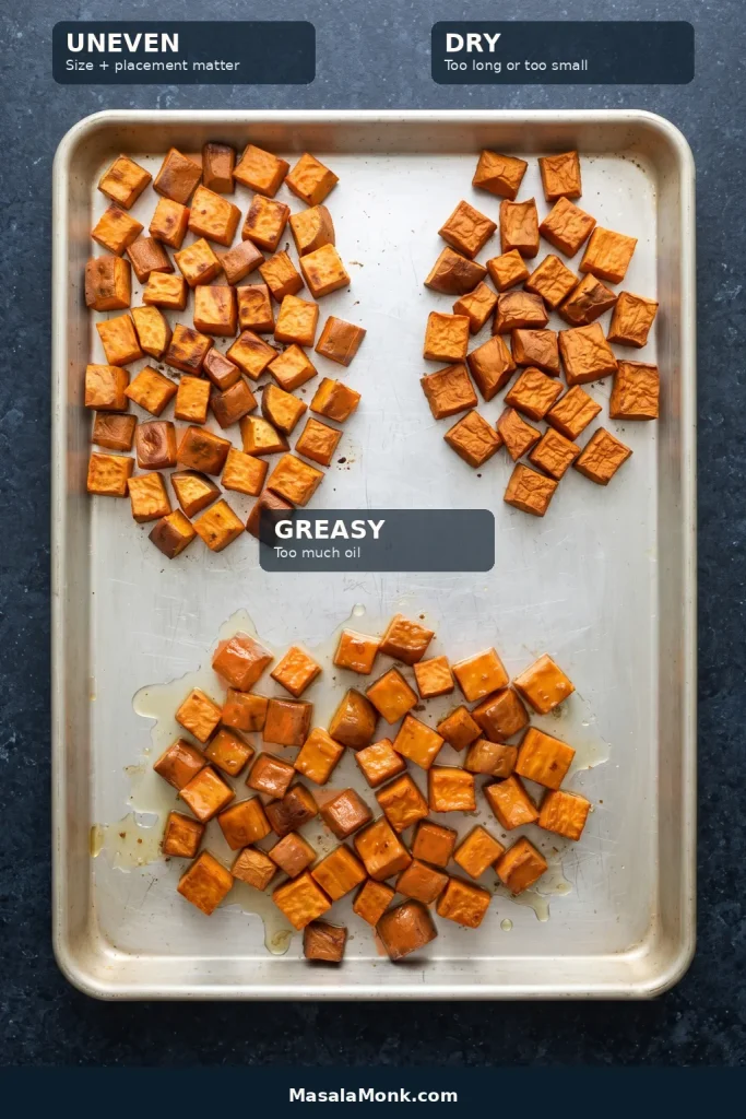 One baking sheet with unevenly browned sweet potato cubes, dry wrinkled cubes, and glossy over-oiled cubes.