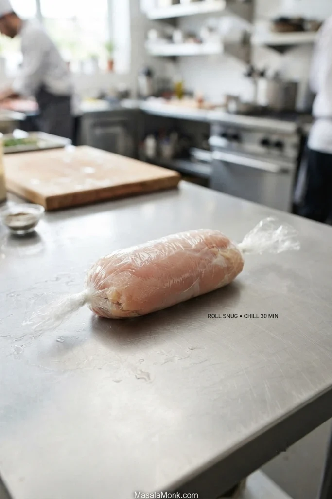 Stuffed raw chicken roll tightly shaped in plastic wrap; on-image text reads “Roll snug • chill 30 min.”