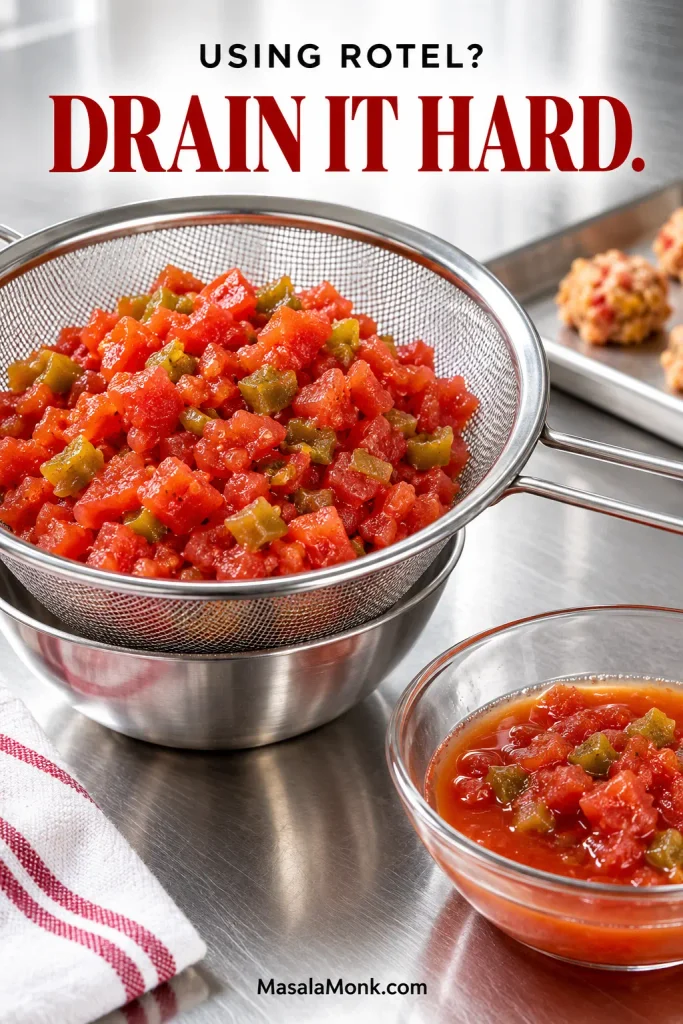 Diced tomatoes and green chiles draining in a fine-mesh strainer beside a bowl containing the same mixture with visible liquid.
