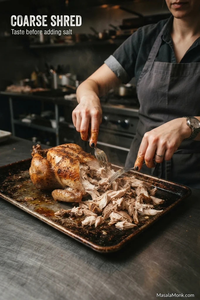 Roasted chicken being pulled apart into short, coarse pieces of white and dark meat for nachos.