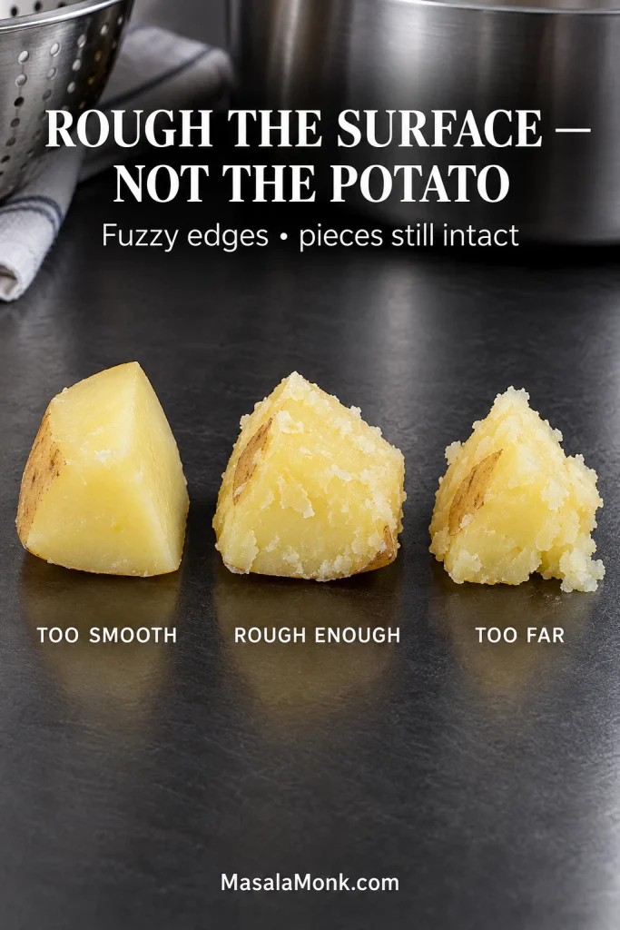 Three pale parboiled potato chunks showing a smooth surface, properly scuffed starchy ridges, and an over-roughened chunk beginning to break apart.