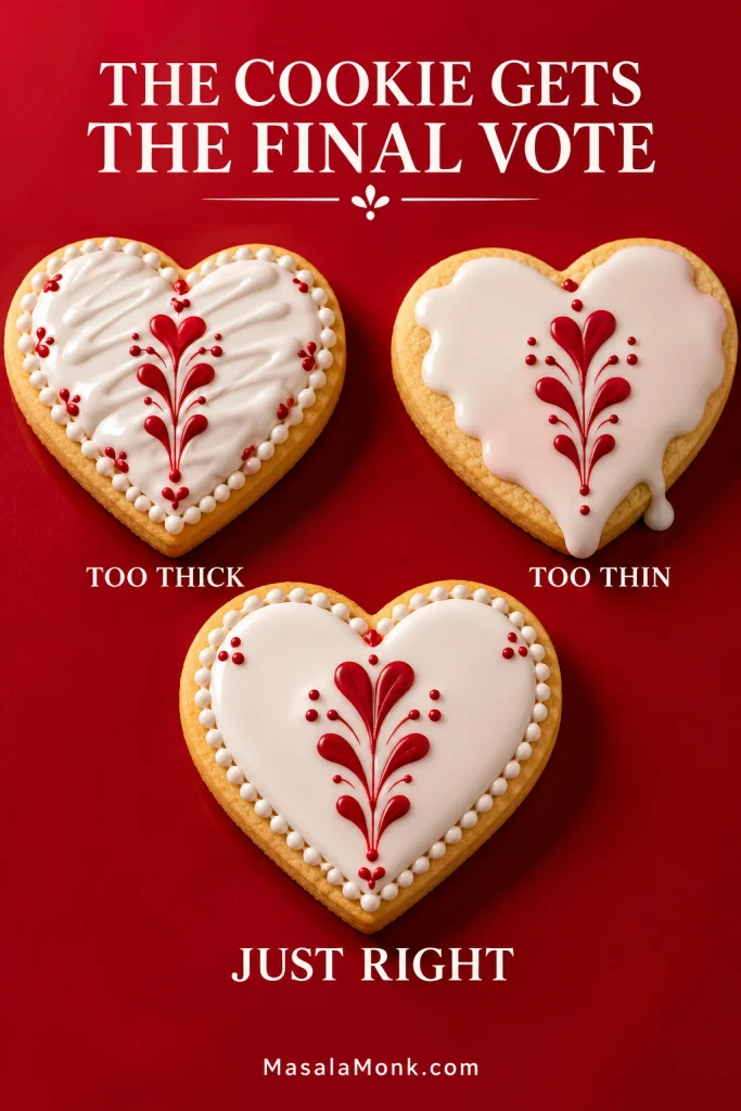 Three heart-shaped cookies labeled too thick, too thin and just right, showing different royal icing consistency results.
