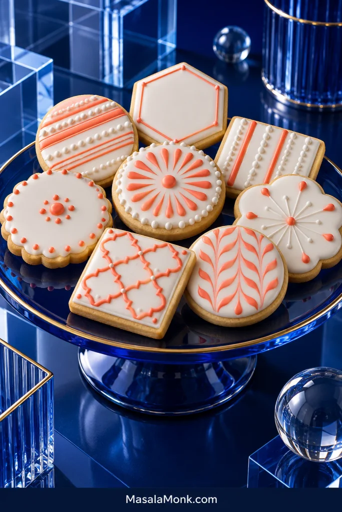 Assorted white and coral royal icing sugar cookies with geometric lines, dots, flowers and feathered patterns arranged on a blue stand.