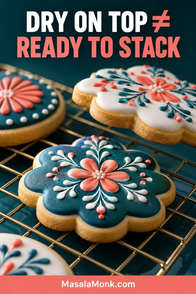 Blue, white and coral royal icing cookies drying on a wire rack with text explaining that dry on top does not mean ready to stack.
