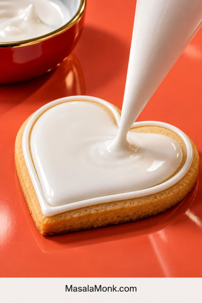 White flood icing being piped inside the royal icing outline of a heart-shaped sugar cookie.
