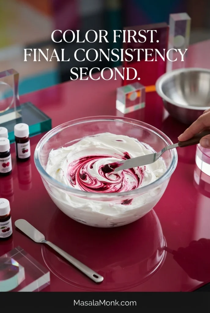 Pink gel food coloring being mixed into white royal icing with several bottles of food coloring nearby.