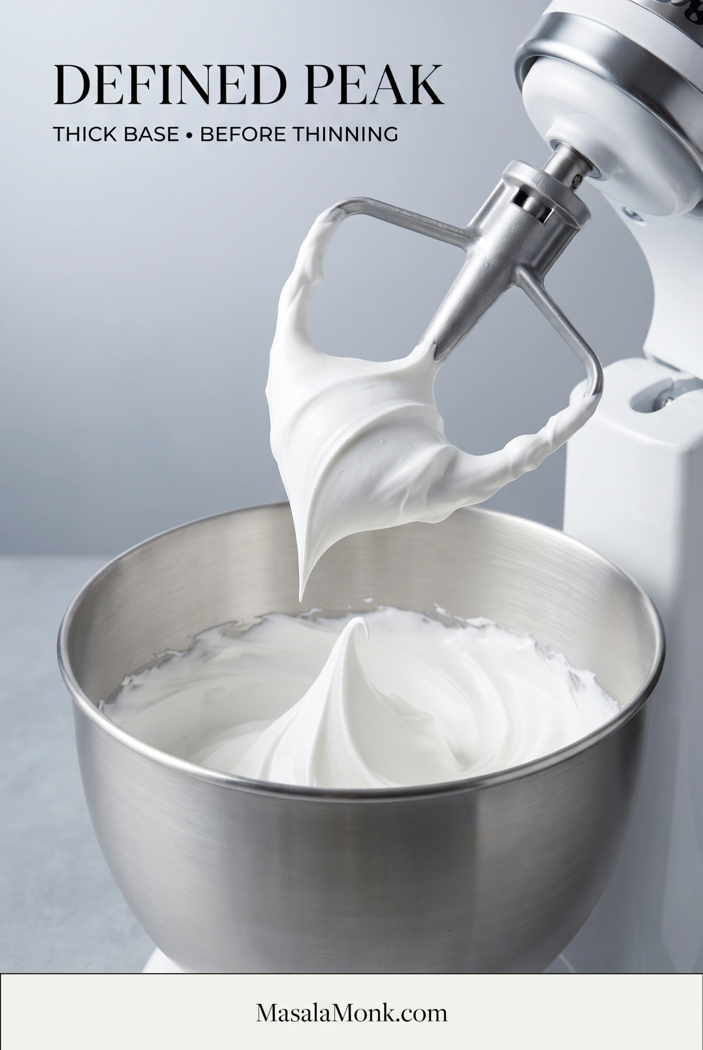 Metal flat paddle attachment holding thick white royal icing above a mixing bowl, with a defined peak standing in the icing.