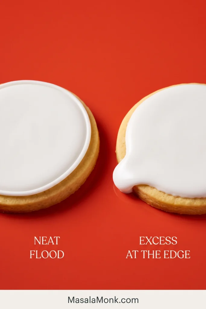 Two round sugar cookies comparing a smooth controlled white royal icing flood with excess icing spilling over the edge.