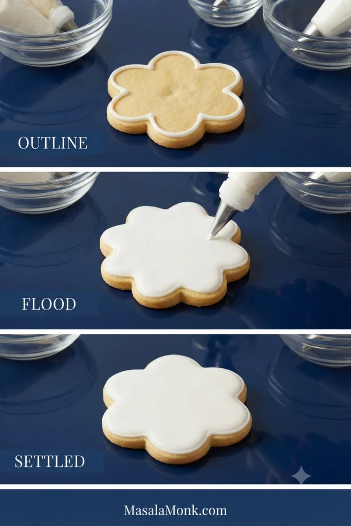 Three stages of a flower cookie showing a royal icing outline, freshly flooded center and smooth settled icing.