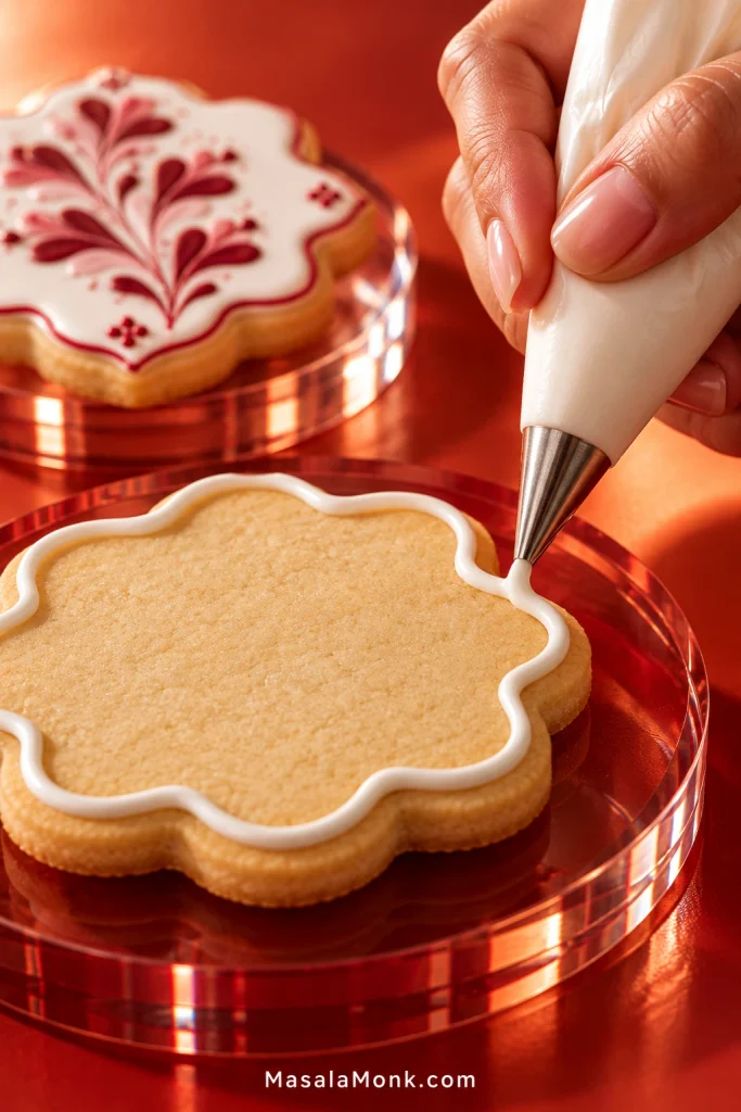 Hand piping a continuous white royal icing border around a flower-shaped sugar cookie.