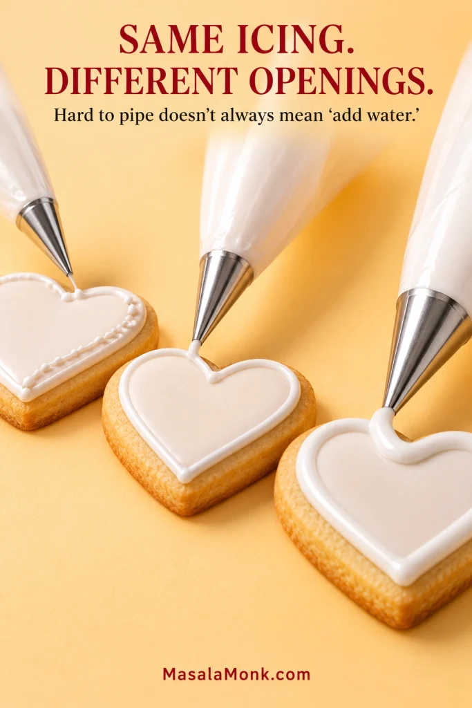 Three piping bags with different-sized openings piping white royal icing onto heart-shaped sugar cookies.