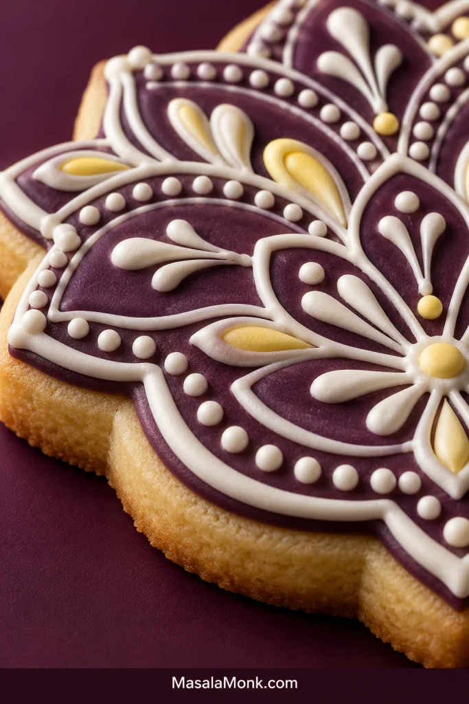 Purple iced sugar cookie decorated with raised white royal icing dots, teardrops and piped lines with small yellow accents.