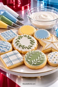 Assorted sugar cookies decorated with blue, yellow, green and white royal icing beside piping bags and a bowl of white icing.