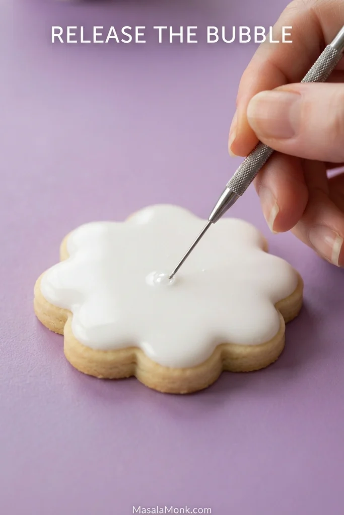 Scribe tool touching a small trapped air bubble in wet white royal icing on a flower-shaped cookie.