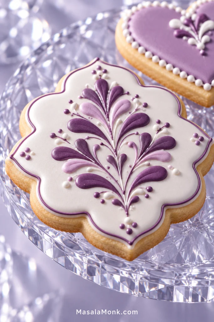 Flower and heart sugar cookies with smooth white and purple royal icing, piped borders and feathered decorative patterns.
